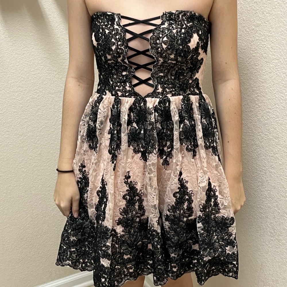 Trixxi Strapless Black Lace and Pink Dress